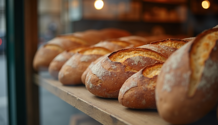 Close-up view of a rustic French bakery window with fresh baguettes