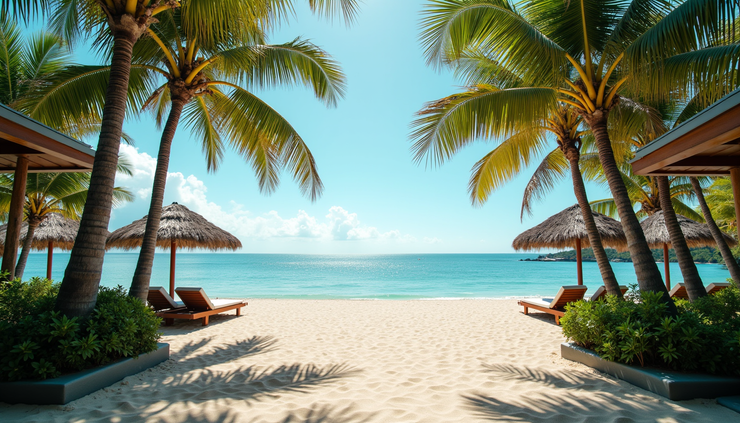 Wide angle view of a sunny beach resort in Bali with palm trees and ocean view