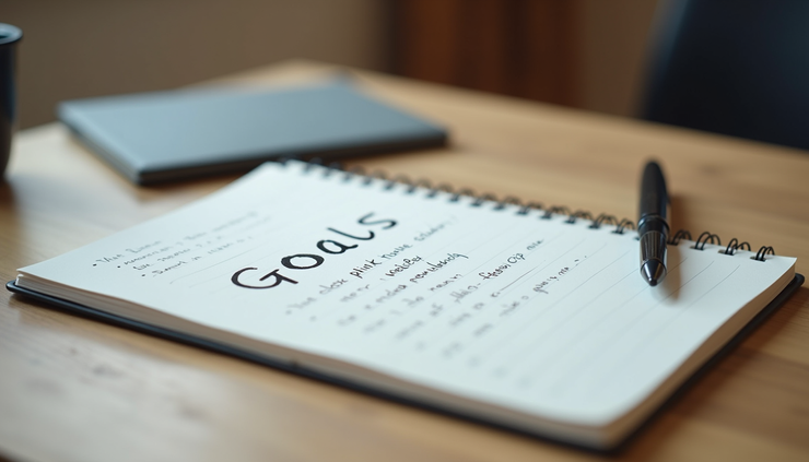 Close-up of a notebook with handwritten goals and a pen