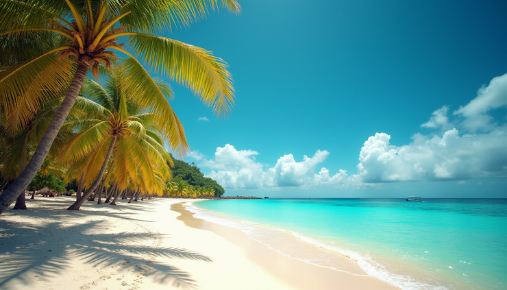 Eye-level view of a turquoise beach with palm trees and clear skies