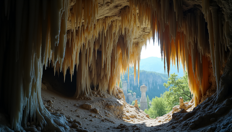Close-up view of stalactites inside Baradla Cave in Aggtelek National Park