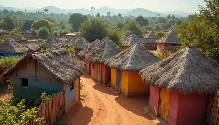 High angle view of colorful traditional huts in a rural African village