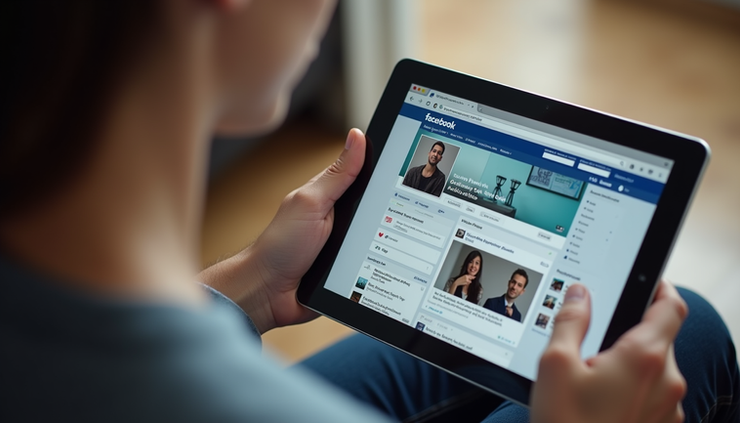 High angle view of a person using a tablet to browse a website featuring Facebook content