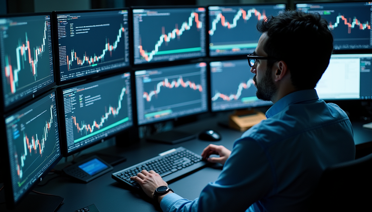 High angle view of a trader using Bloomberg Terminal with multiple screens