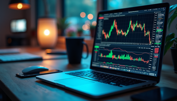 High angle view of a trader analyzing forex charts with news headlines on a laptop