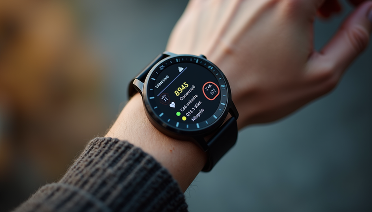 High angle view of a Samsung wearable device displaying health monitoring data