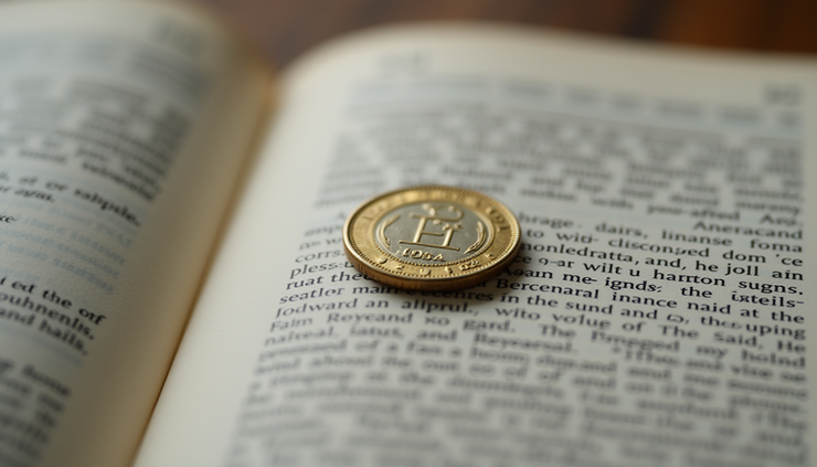 Close-up view of a vintage coin resting on an open book about personal finance