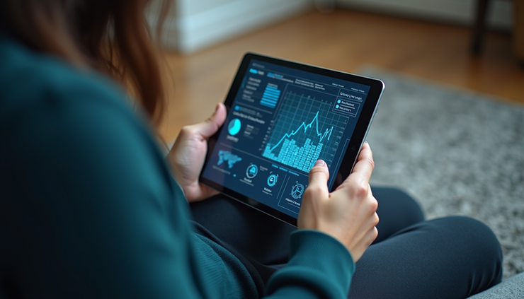 High angle view of a person using AI content generation software on a tablet