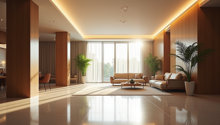 Eye-level view of a modern hotel lobby with comfortable seating and natural light