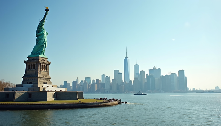 Eye-level view of the Statue of Liberty with Manhattan skyline in the background