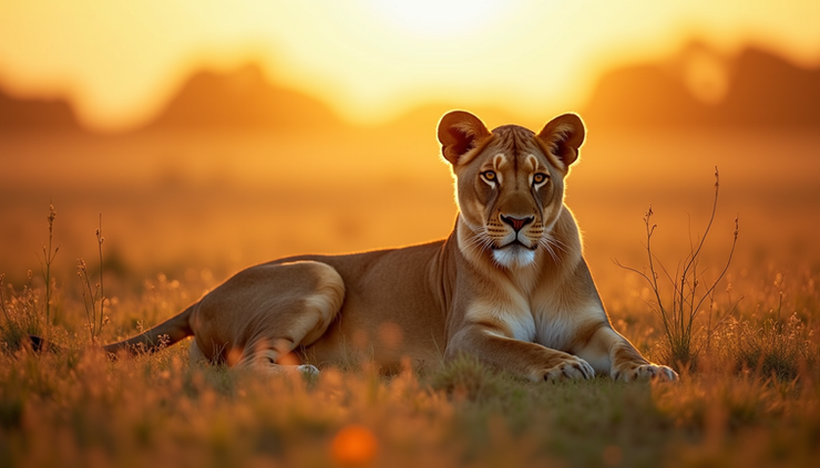 Eye-level view of a lion resting on the savannah grassland