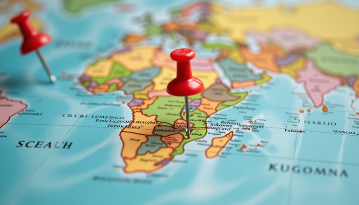 Close-up view of a colorful travel map with pins marking summer vacation spots