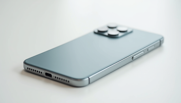 Close-up view of a popular smartphone model displayed on a white surface