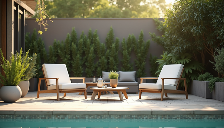 Eye-level view of a modern garden setup with new Wilko garden furniture