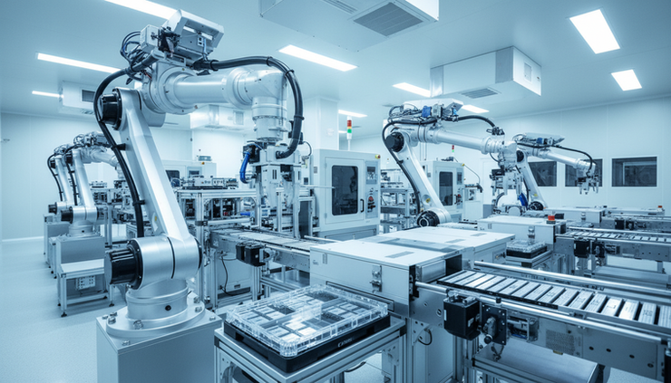 Eye-level view of an automated semiconductor handling system inside a cleanroom