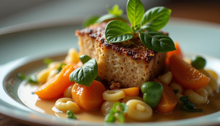 Eye-level view of a plated gourmet dish with vibrant colors and intricate presentation