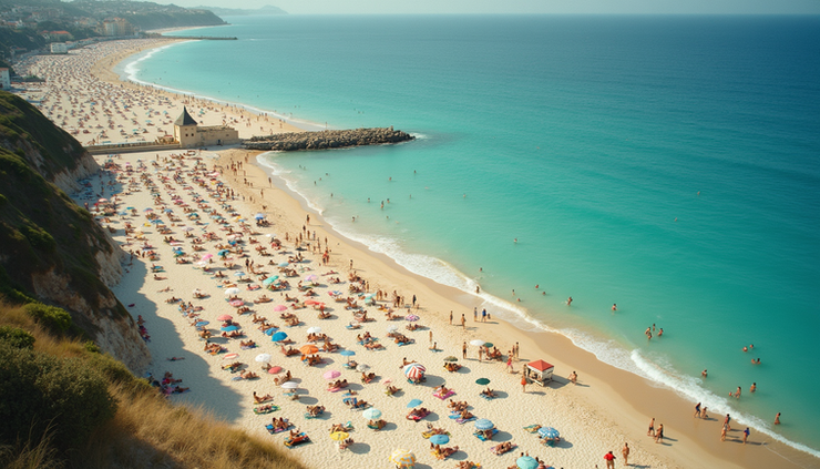 High angle view of a bustling city beach with people enjoying summer activities