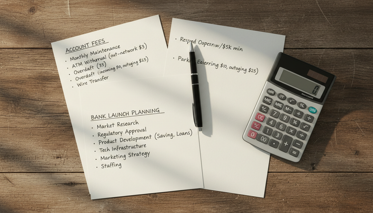 Overhead view of handwritten banking notes, a pen, and a simple calculator on a wooden table.