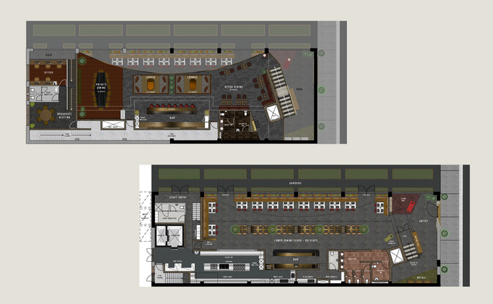 Restaurant floor plan drawings showing dining areas, bar layout and spatial planning.