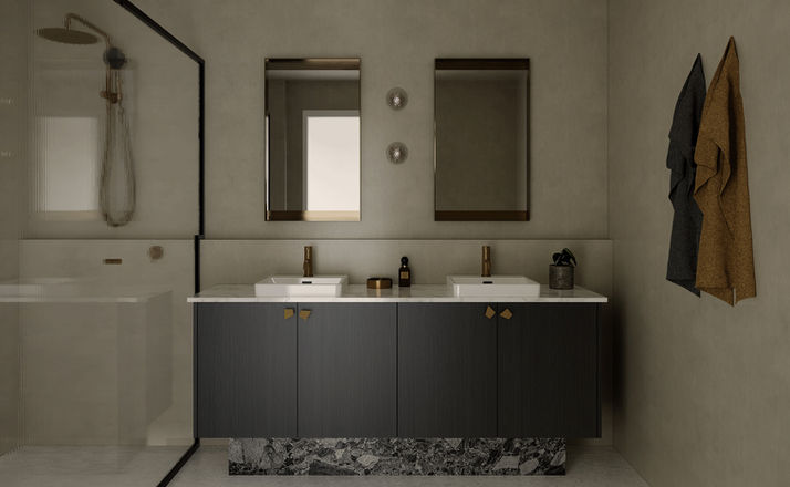 Ensuite interior design with black woodgrain vanity, aged brass tapware, reeded glass showescreen, marble kickplate and custom brass mirors