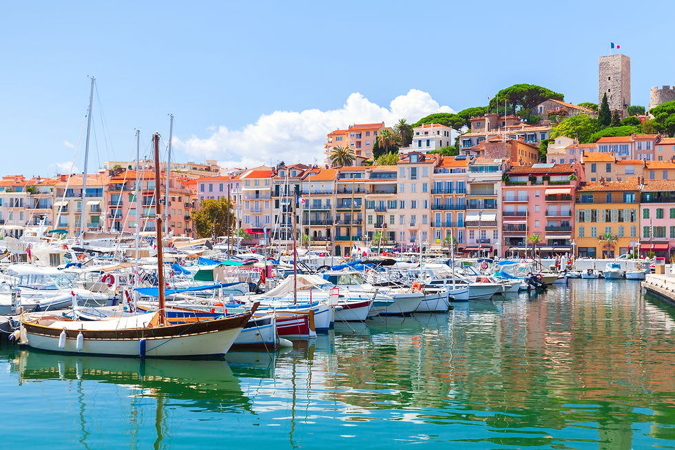Cannes marina view on a sunny summer day, coastal landscape with moored yachts and colorfu