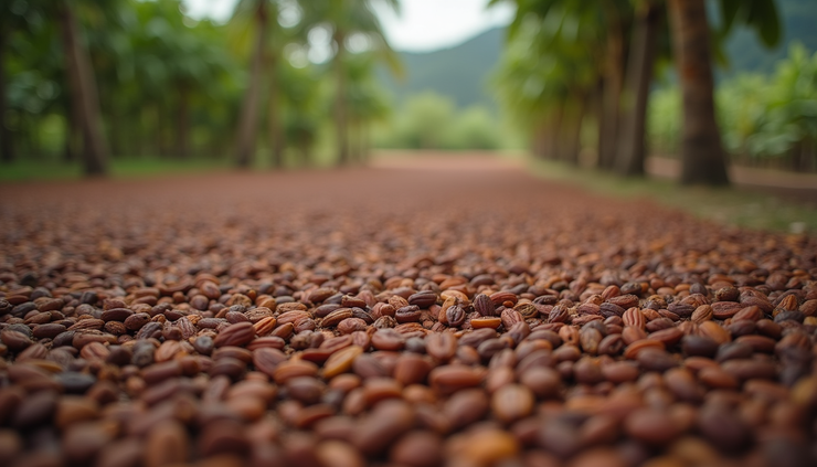 Eye-level view of cocoa beans drying in the sun on a traditional farm