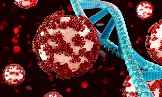 Microscopic view Coronavirus Covid-19 and DNA. Coronavirus Variant Concept.© atakan/istock