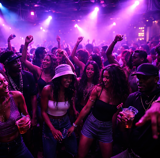 Wide landscape photo of a crowded nightclub dance floor with purple and pink lighting, people dancing and smiling, energetic nightlife vibe.