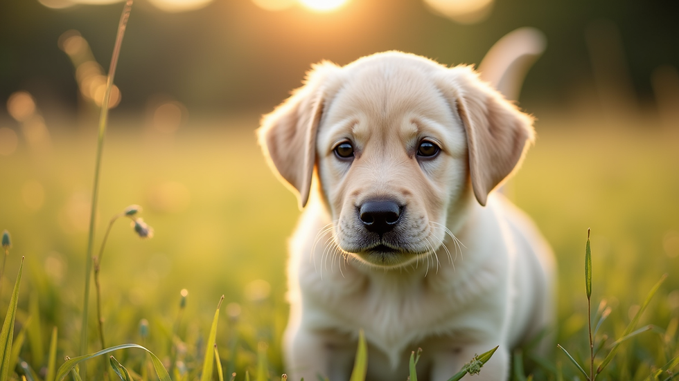 Close-up view of a Labrador Retriever puppy in a grassy field