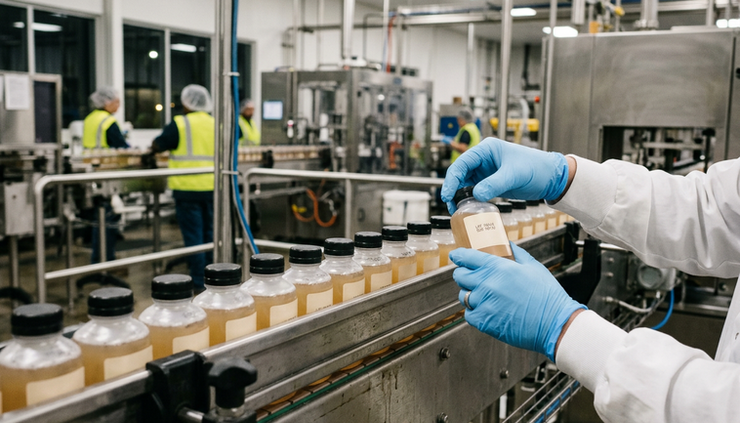 Close-up view of gloved hands checking filled containers on a production line.