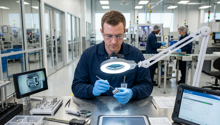 Eye-level view of a quality technician inspecting samples at a clean workbench.