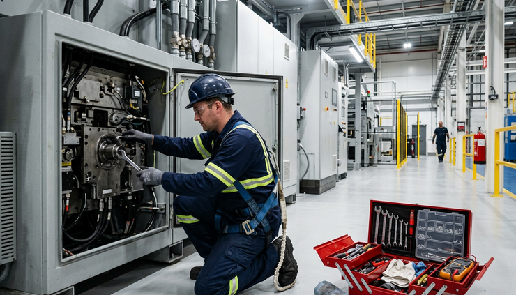 Low-angle view of a maintenance worker adjusting equipment beside a production line.