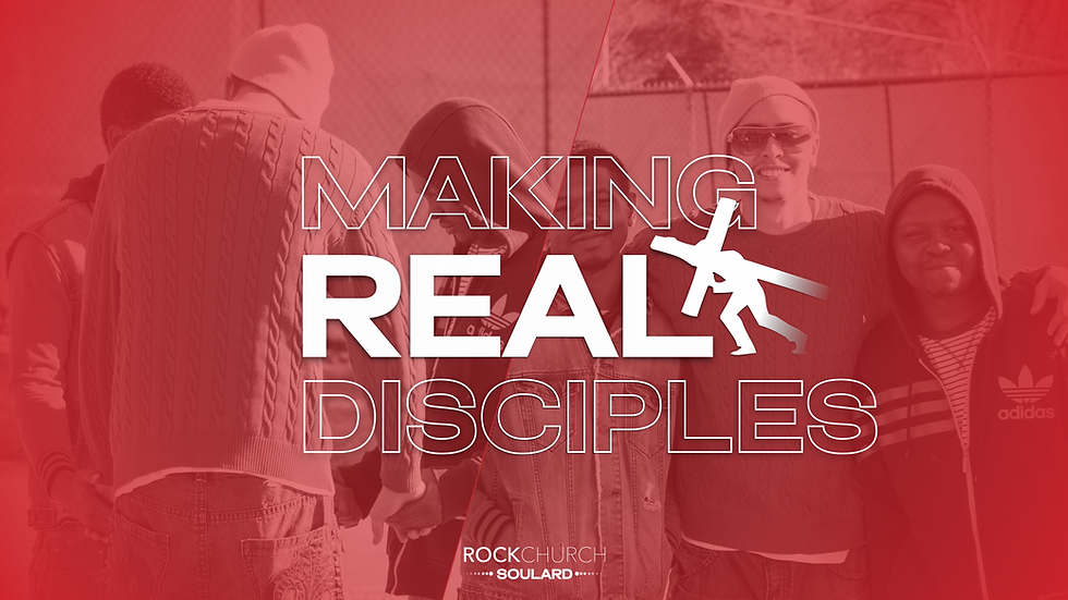 Making real disciples text with red overlay, and picture of Paztuh Mike in the background praying for people in the community 