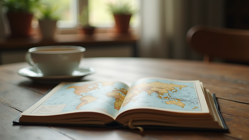 Eye-level view of a cozy travel journal and map on a wooden table