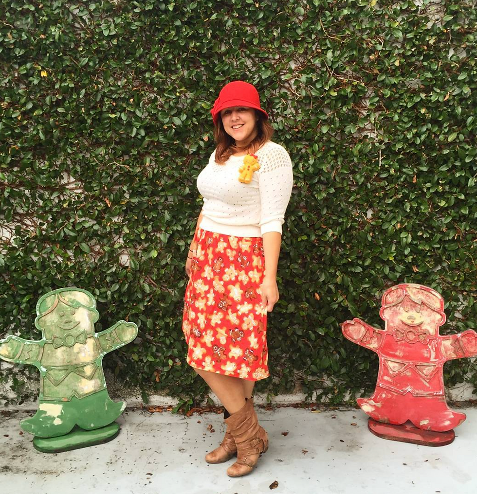 Elena wears a cute sugar and regular gingerbread cookie skirt