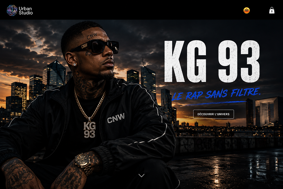 Wide landscape cinematic photo of a rapper sitting in front of a city skyline at dusk, dark tones with warm city lights