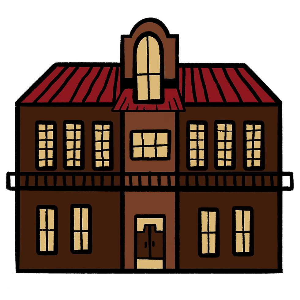 Illustrated western style, brown building with red roof, lit windows