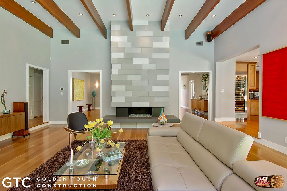 Contemporary style living room with modern fireplace and shag rug.