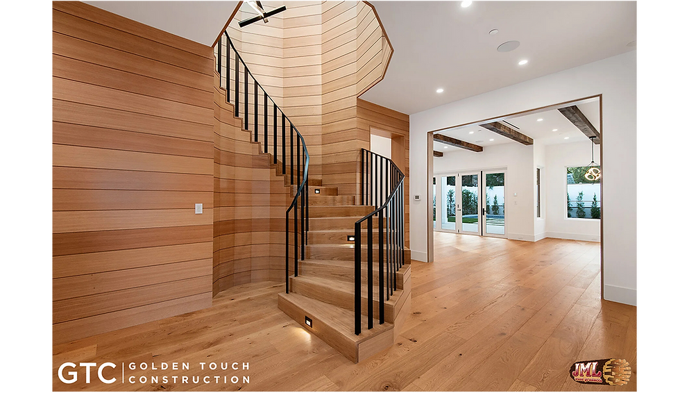 Large wooden staircase made with warm brown lumber in hexagonal shape.
