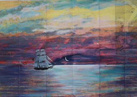 Top Sail Schooner with USA flag departs for journey at dawn. 