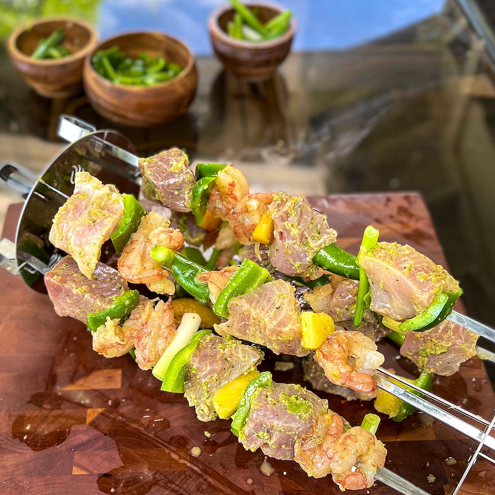Fish has been thread on to flat skewer sticks and placed onto a holder.