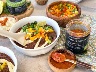Asian Fusion Black Bean Soup with Scrumptious Sambal Avocado Crema