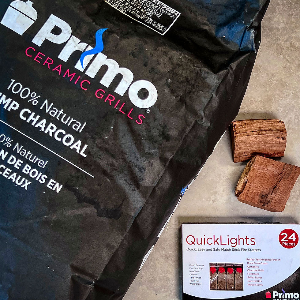 Primo Grills Lump Charcoal is photographed with QuickLights and 2 wood chunks.