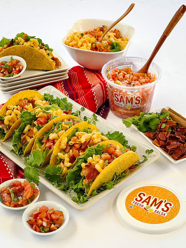 A platter of mac and cheese tacos with Sam's fresh salsa