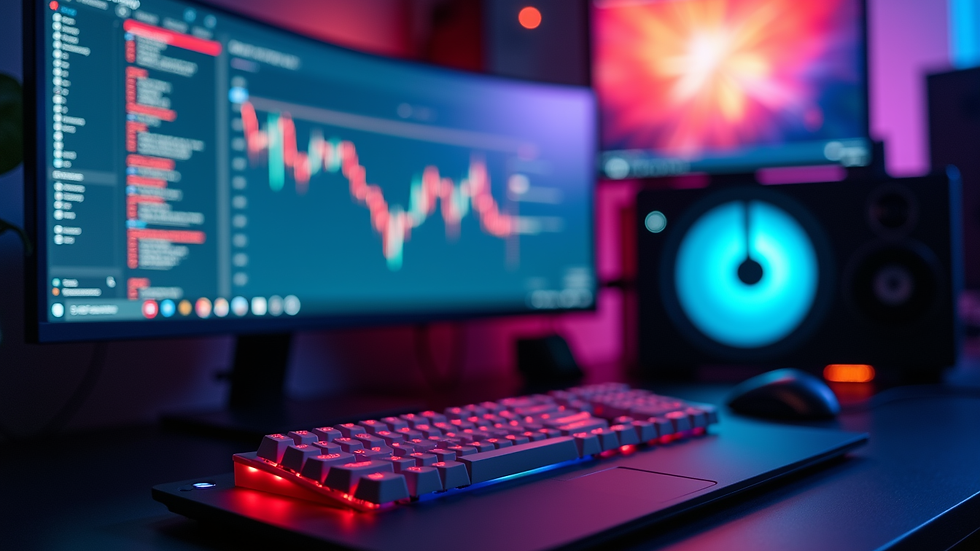 Eye-level view of a gaming setup with multiple screens and colorful LED lights