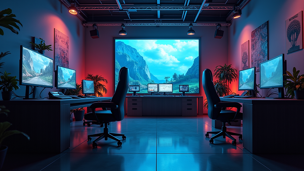 Vista panorámica de un estudio de videojuegos con equipos de desarrollo