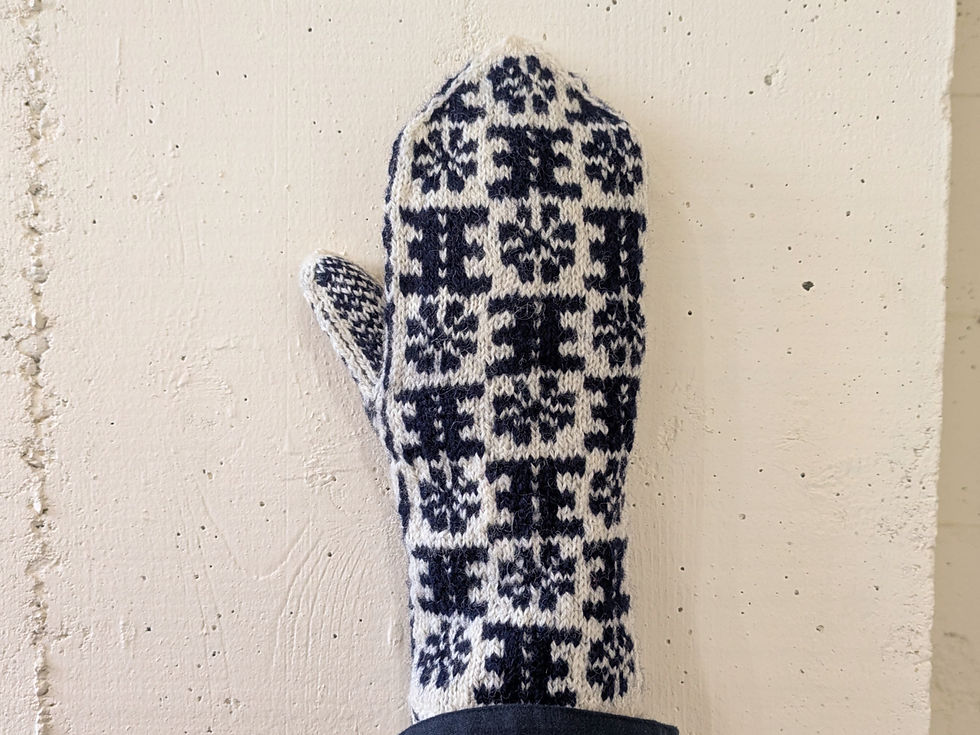 ラトビアの手編みの手袋 ミトン ホワイトベースと紺色