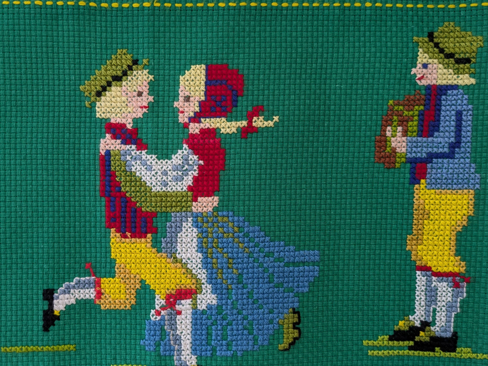 スウェーデン 手刺繍 音楽と踊りのある風景