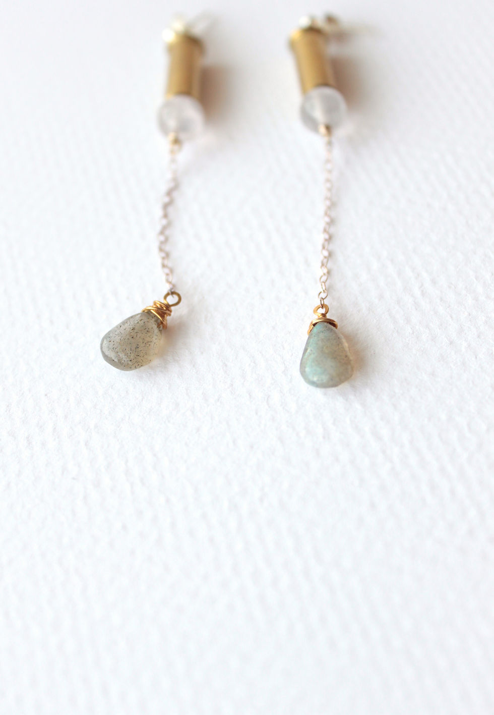 Thumbnail: Bottoms Up Rose Quartz Bullet Casing Droplet Earrings