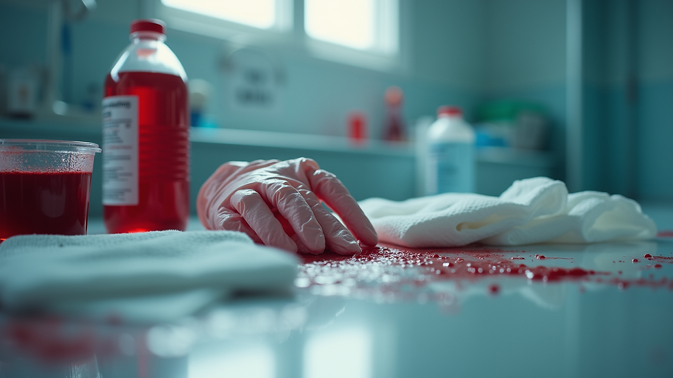 Eye-level view of a prepared blood cleanup kit with gloves, disinfectant, and absorbent materials
